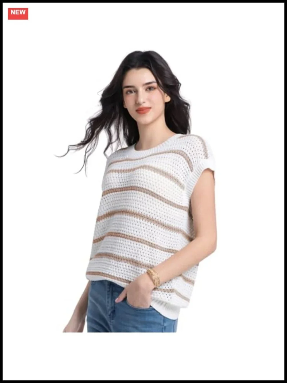 Women's Sweater Vest Striped Short Sleeve Crew Neck Knit Cotton Blend Layering